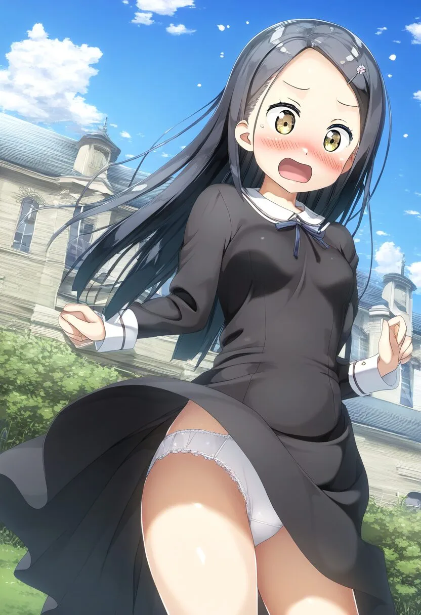 風の悪戯でパンツ見えてるおでこ系女子