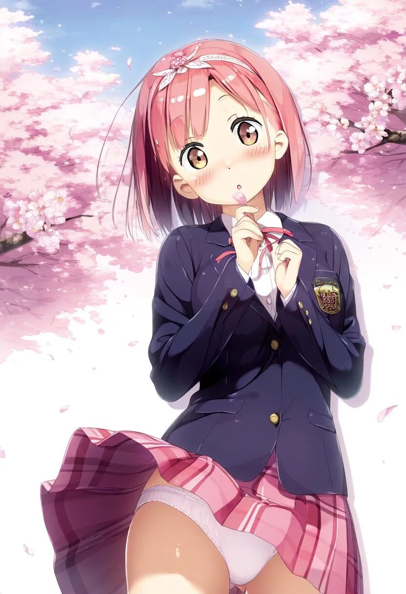 ピンクなショートヘア女の子は桜の樹の下でパンチラ