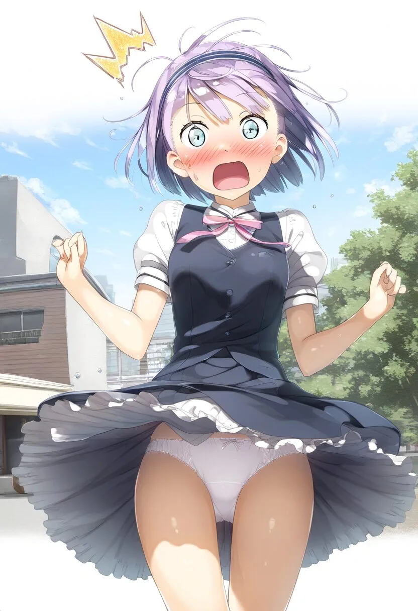 パンツ丸見えになっちゃったシルバーショートヘア女の子
