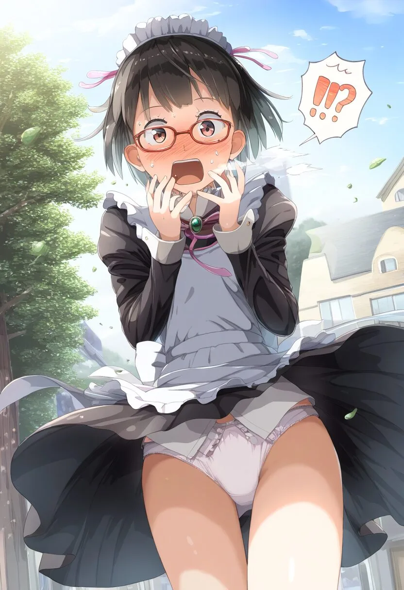 黒髪短髪眼鏡女子メイドが外でパンツ丸見え