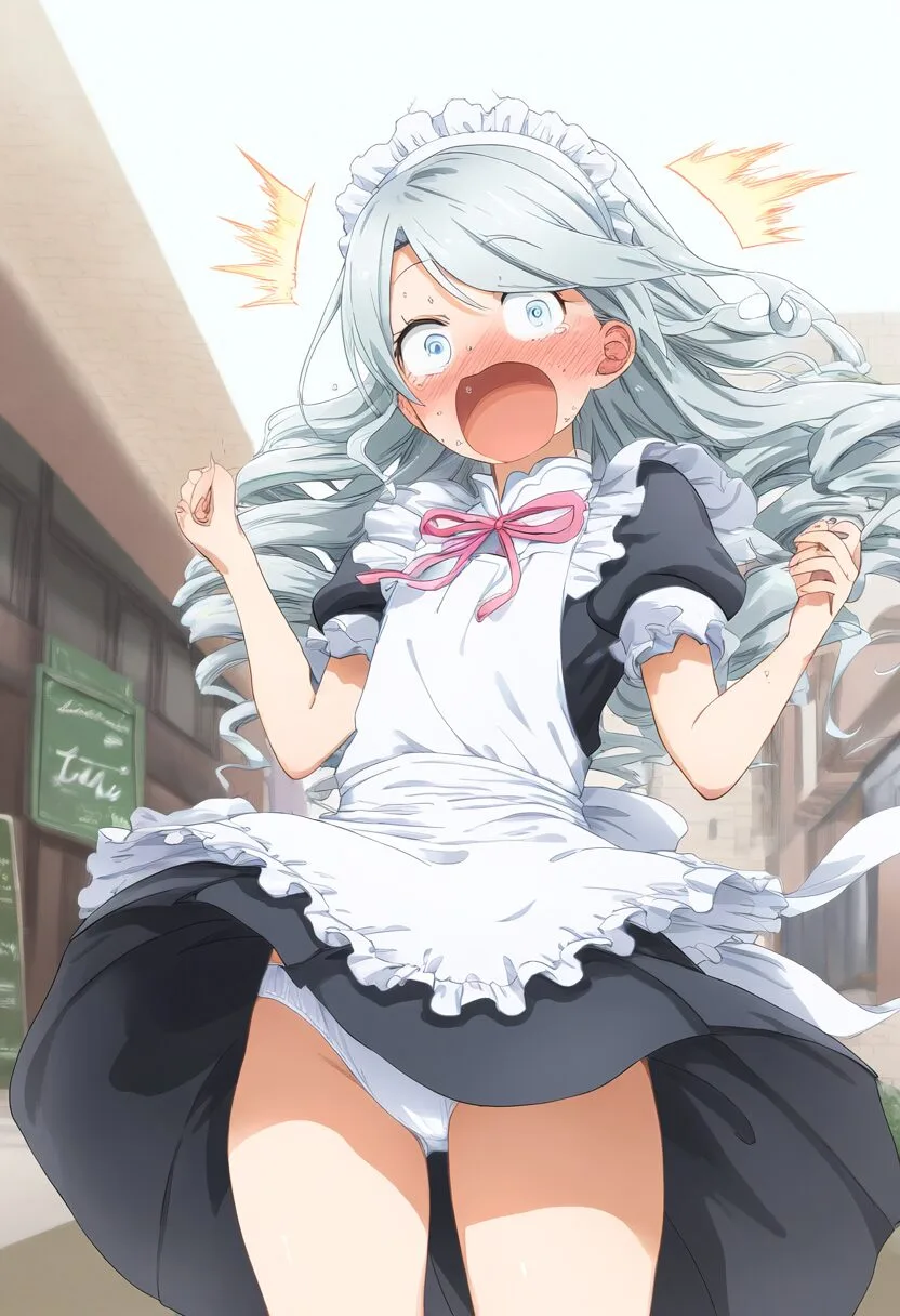 銀髪女子メイドが外でパンツ丸見え