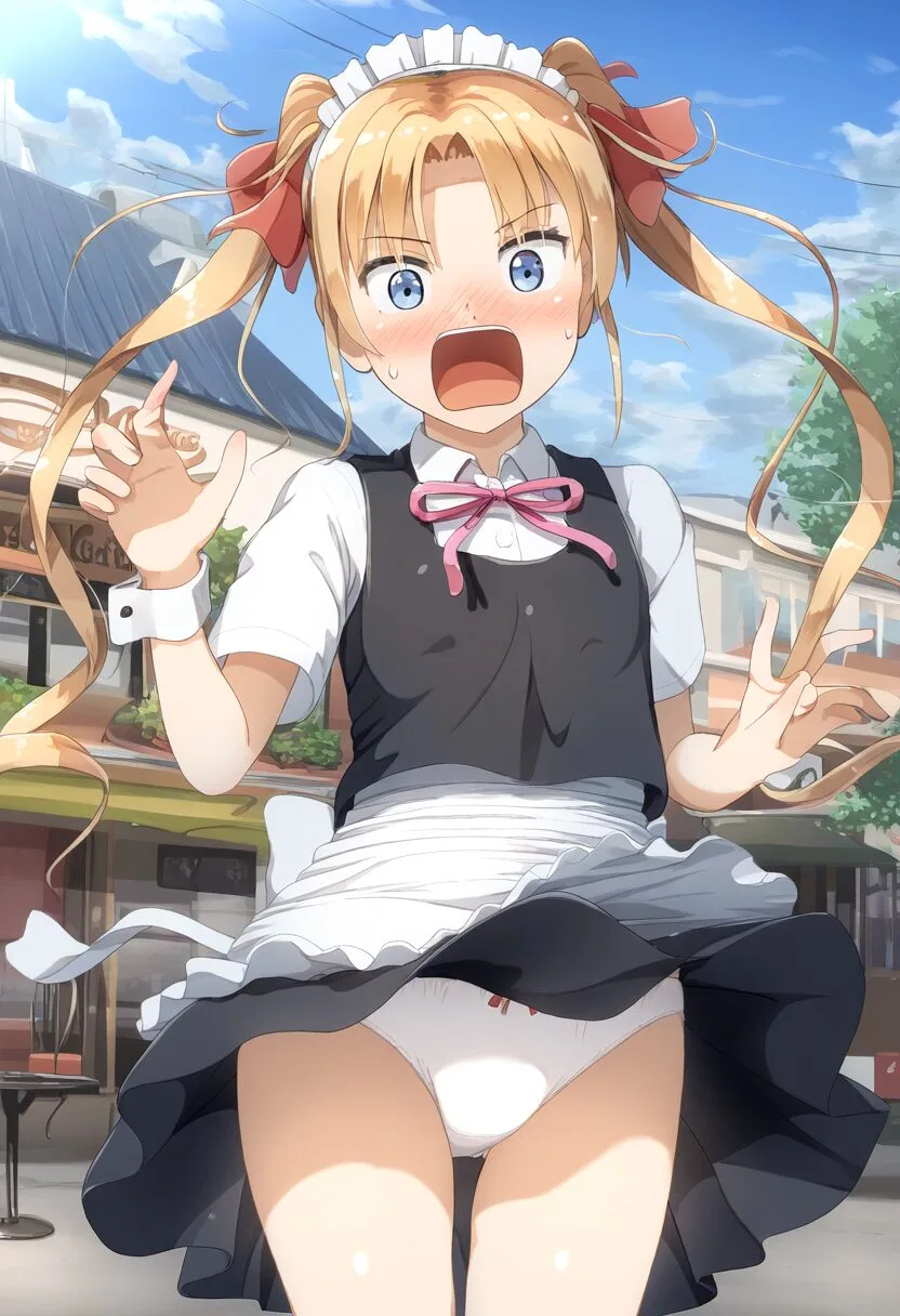 ツインテールな金髪女子が外で呼び込み中にパンチラ