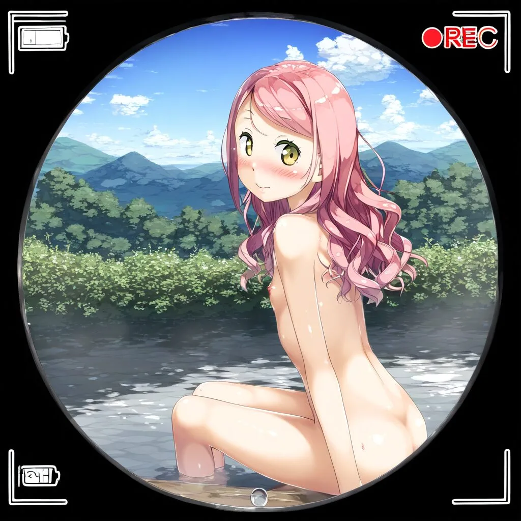 ピンク髪の女子は温泉で座っている