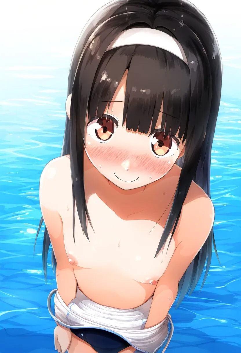 黒髪女子がプールでおっぱい晒す