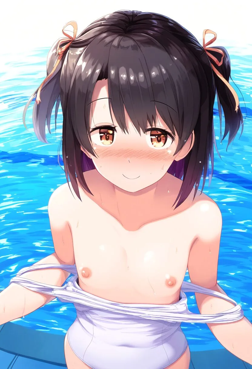 サイドテール女子はプールでおっぱい出しちゃった