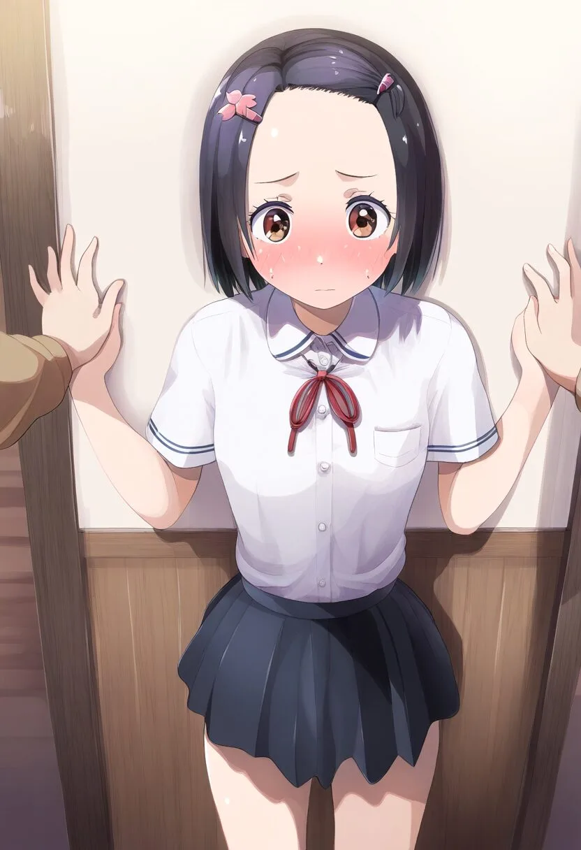 ボトムレスで廊下に立たされる黒髪ぱっつんな女の子