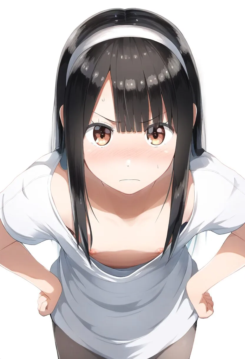 乳首見えているのに怒ってる黒い髪とヘアバンドの女子