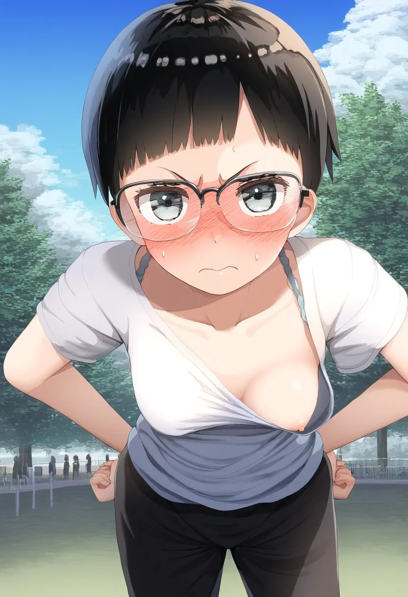 乳首見えちゃってる元気系メガネ女子