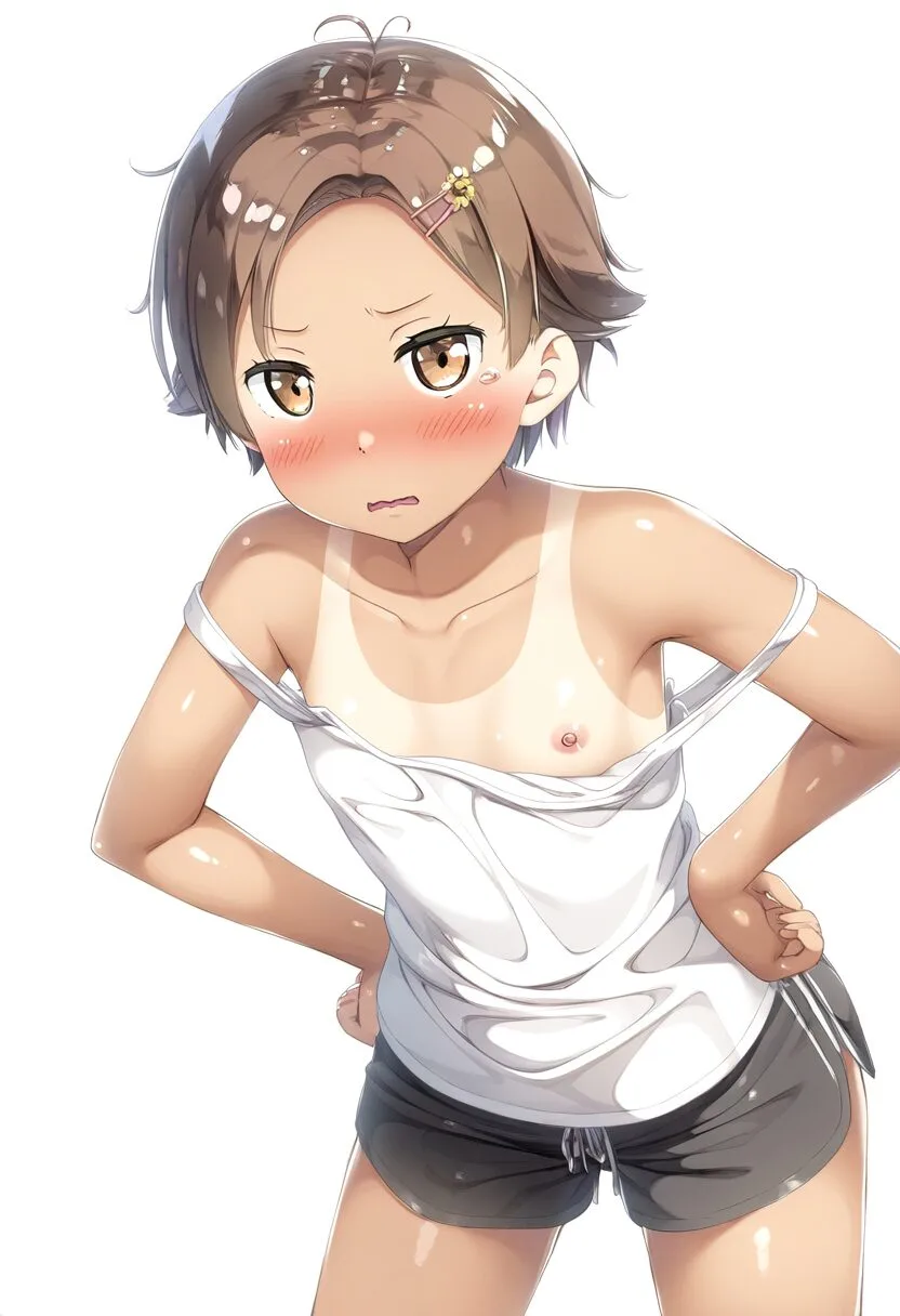 乳首見えているのに怒ってる茶髪短髪女の子
