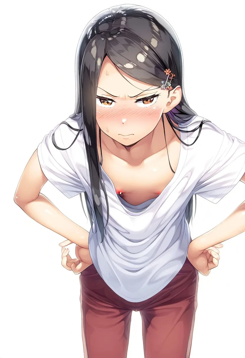 黒髪ロングのお嬢は乳首見えてる