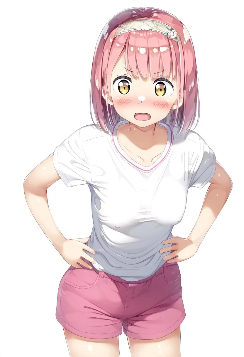 ショートのピンクヘア女子は怒っている