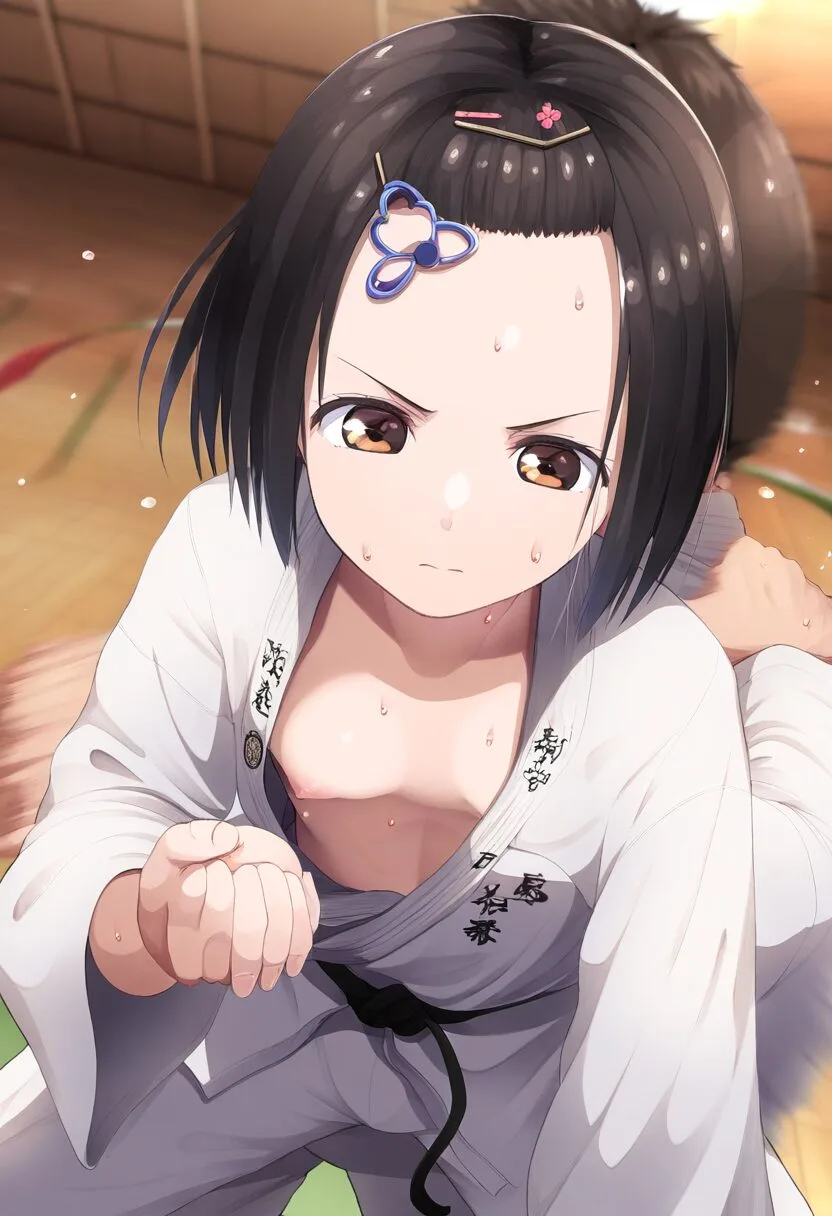 柔道中に乳首チラリするショートヘアのぱっつん髪女子