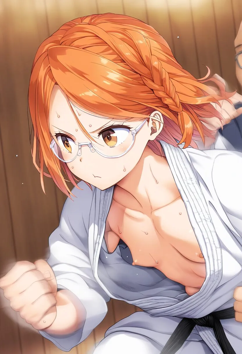 柔道中におっぱいチラリするオレンジ髪の女子