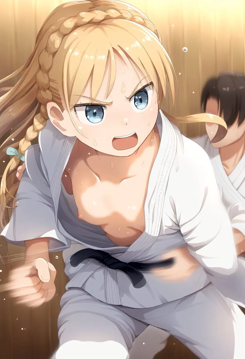 柔道中におっぱいチラリする金髪ロング女子