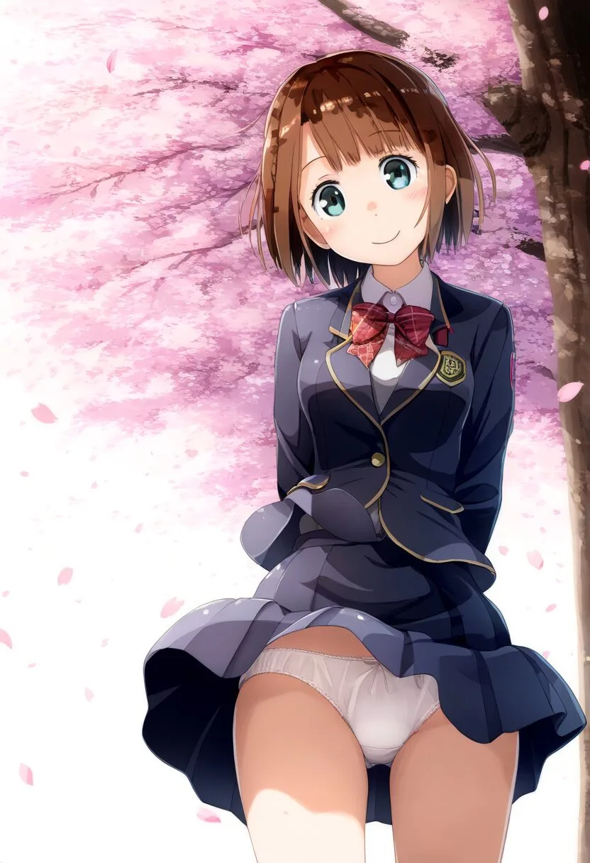 茶髪ショートボブヘアー女の子は桜の樹の下でパンチラ