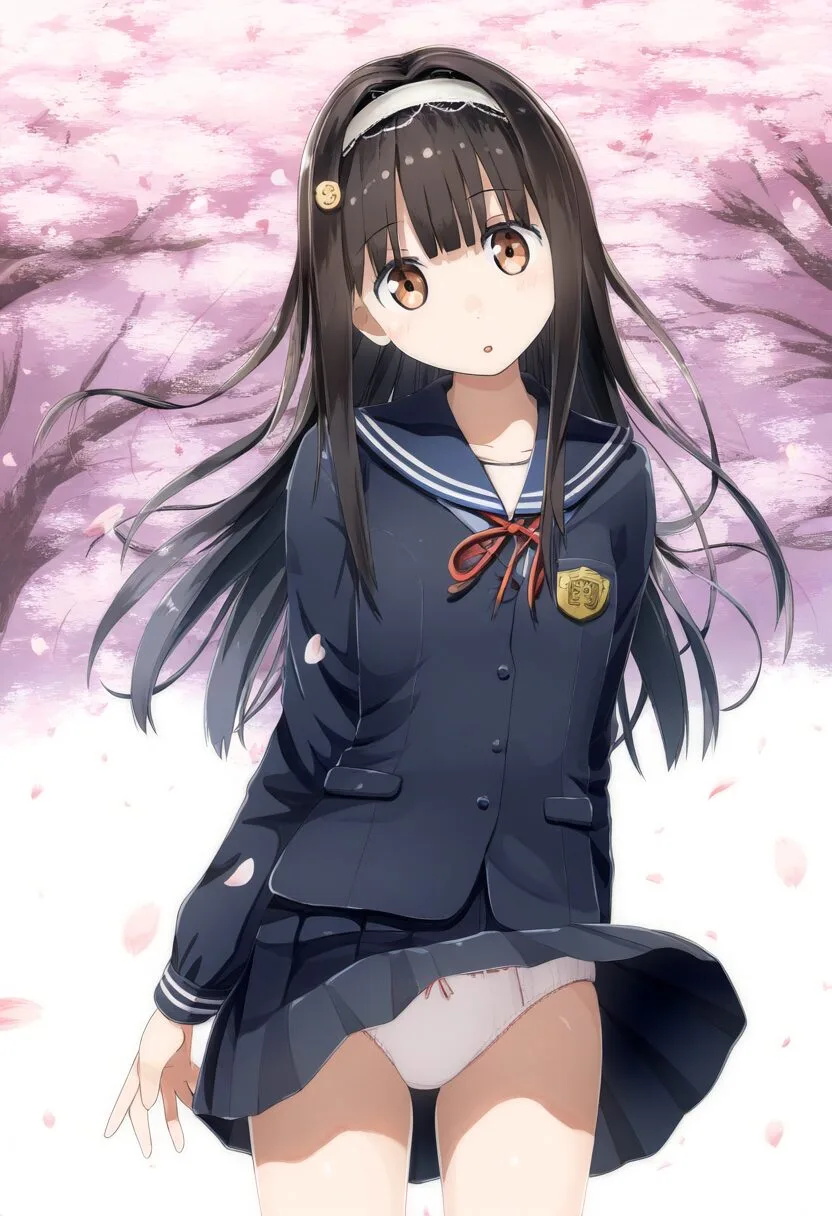 ヘアバンドをした女子は桜の樹の下でパンチラ