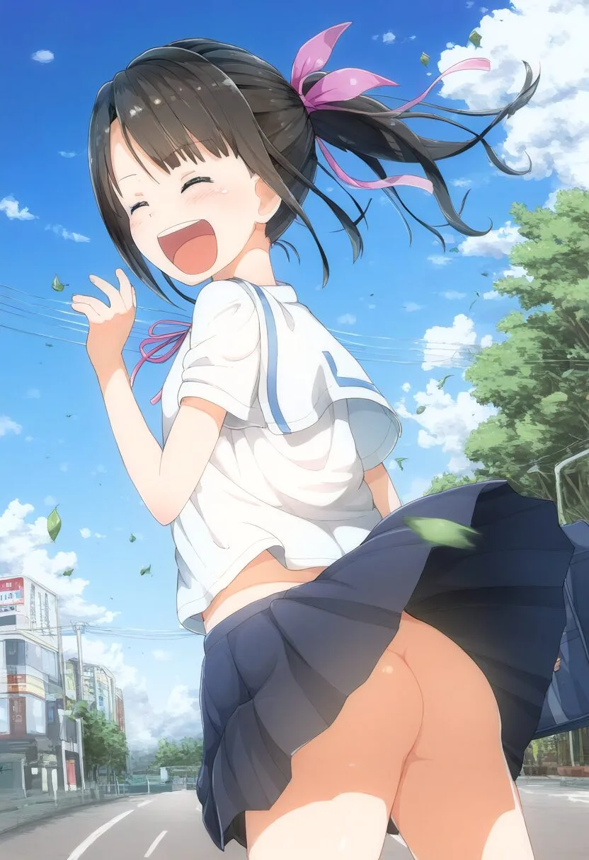 長いポニーテールな女子は風が吹いたらノーパンでお尻見えてる