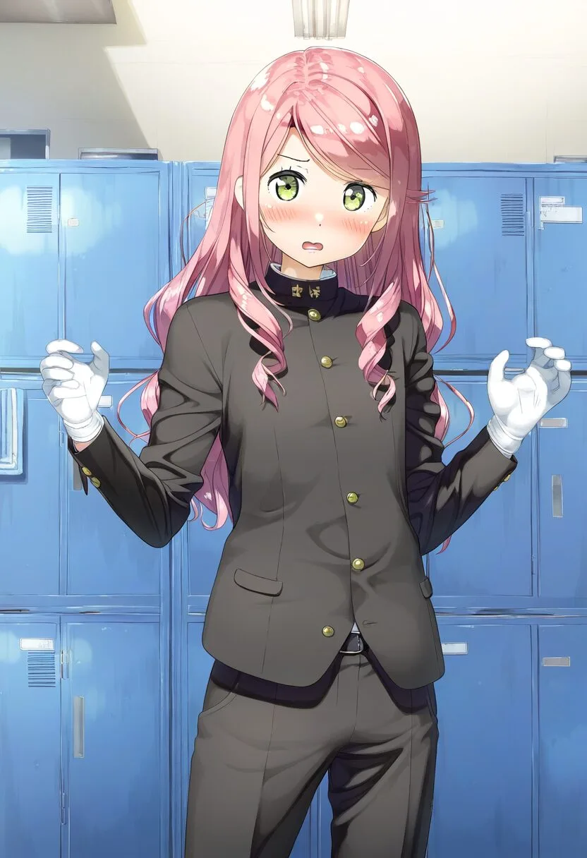 学ランを着ているピンクな天パ女子