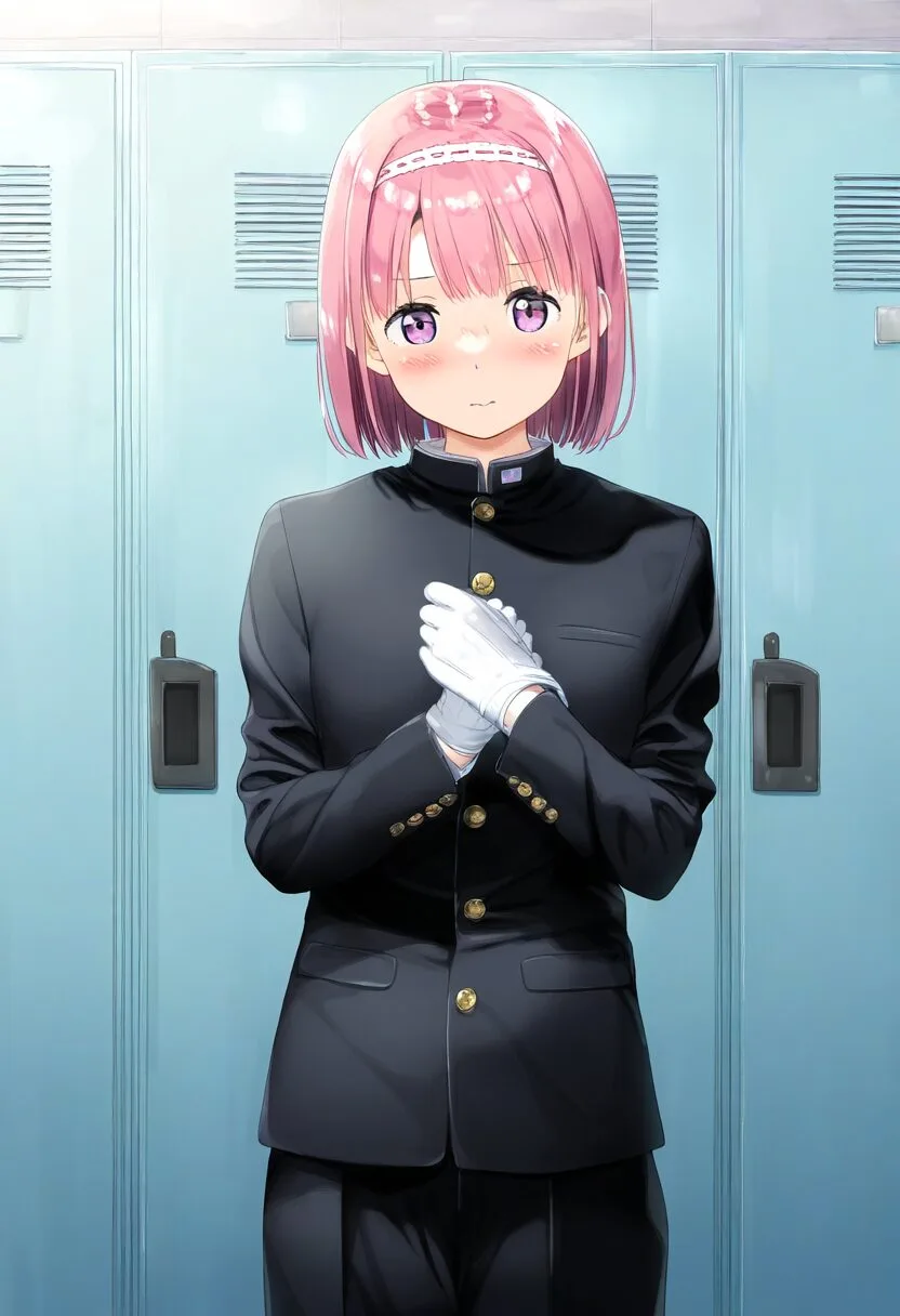 ピンクなショートヘア女の子は学ラン