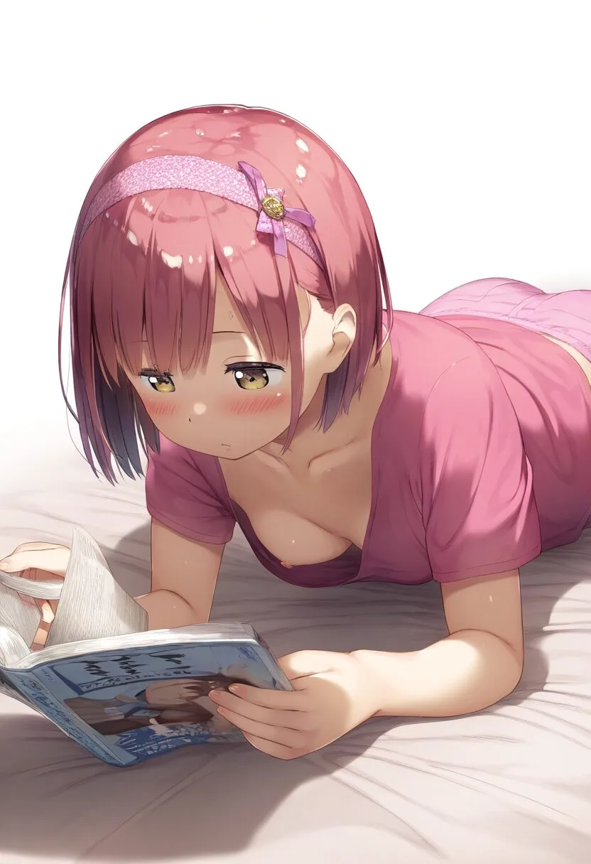 ショートのピンクヘア女の子は本を読んでいる