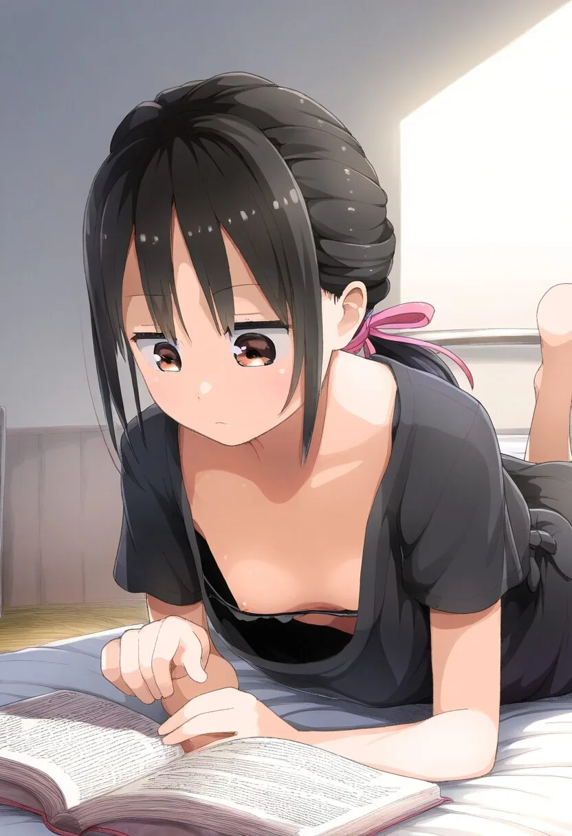 読書中の黒髪ポニーテール女子