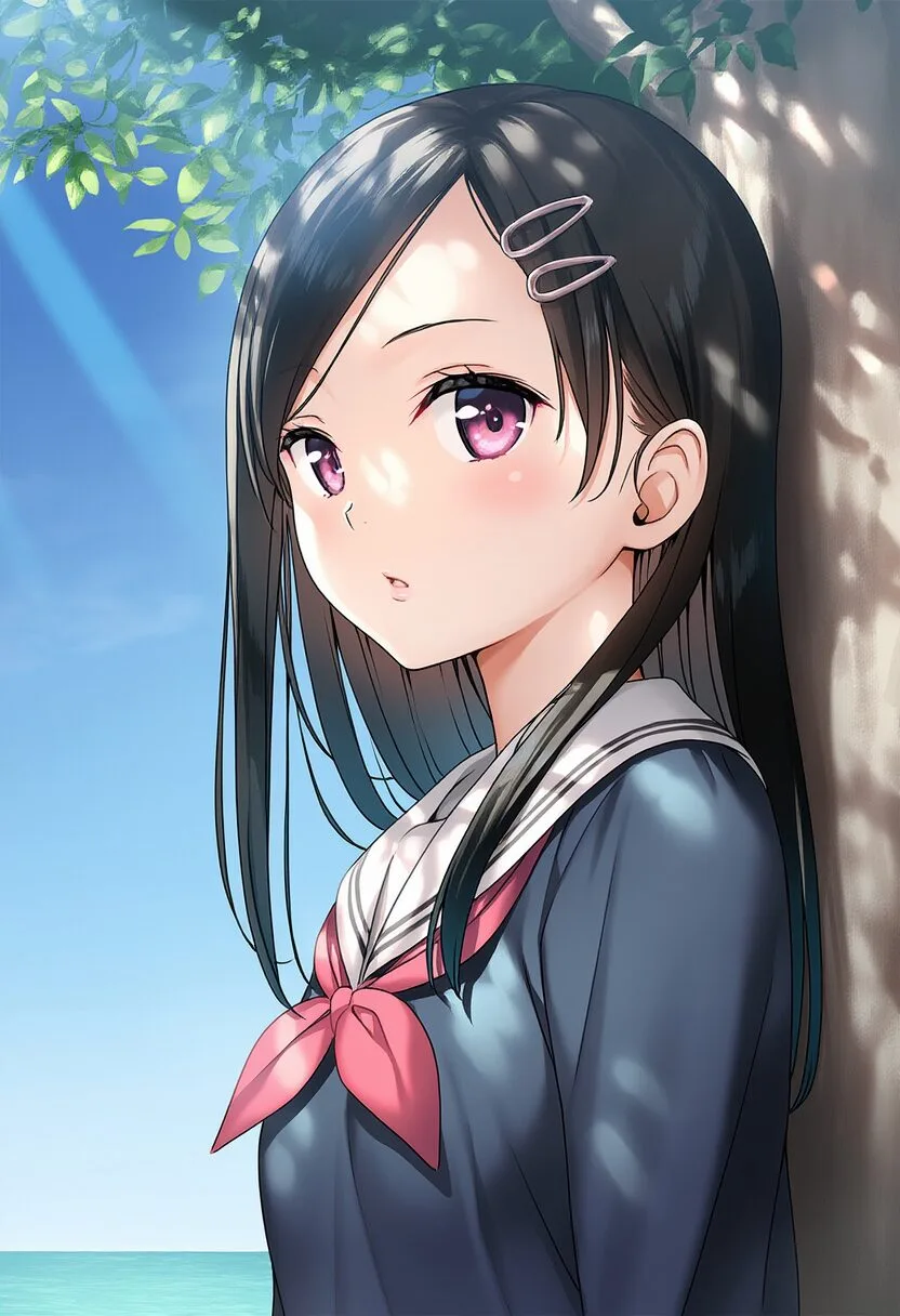 海辺に立つおでこの女の子