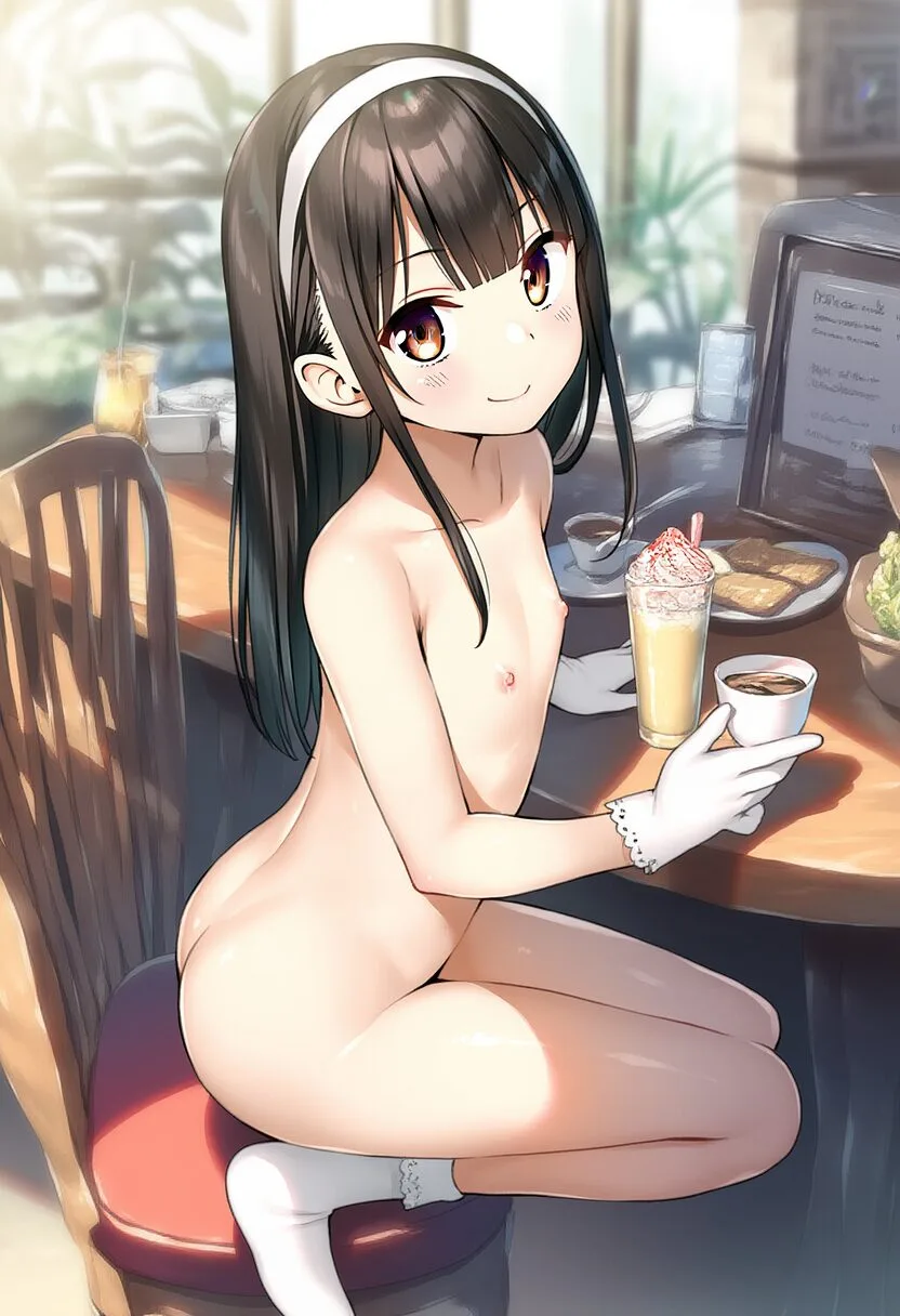 カフェでお仕事する黒髪ぱっつん女子