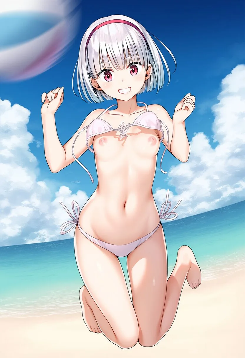 ビーチバレー中のシルバーショートヘア女子