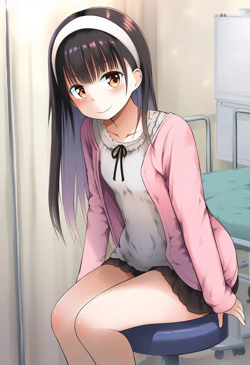 黒髪女子が保健室で座っている