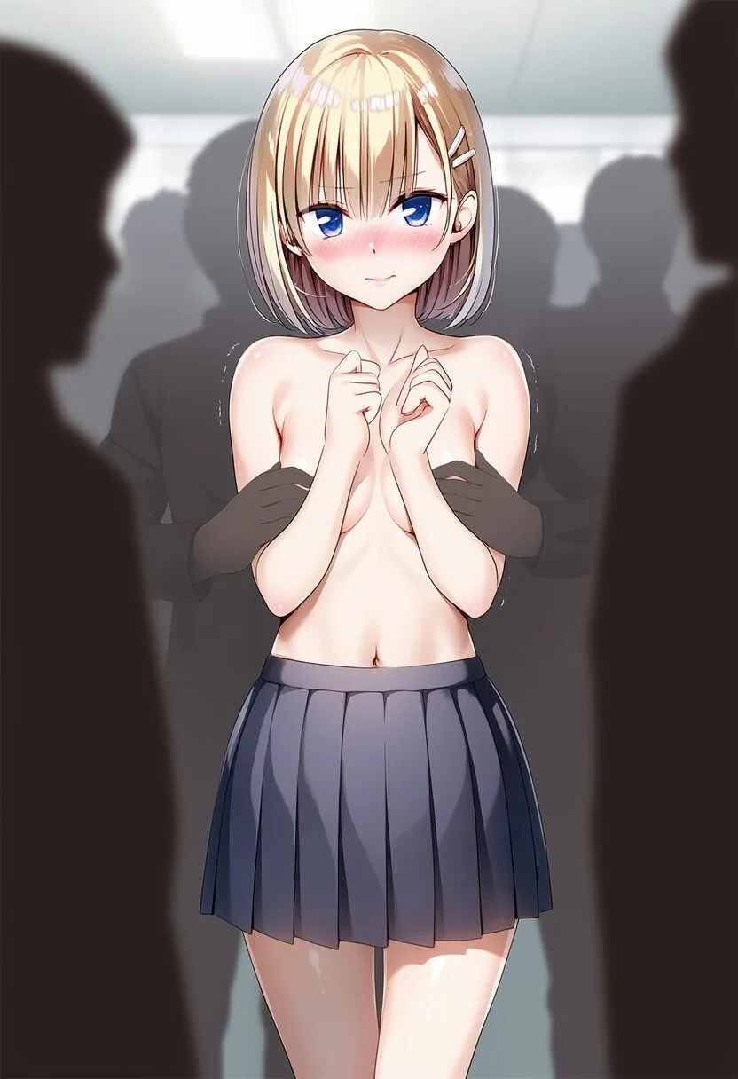 活発な金髪女子はおっぱい隠していたのに剥がされそう