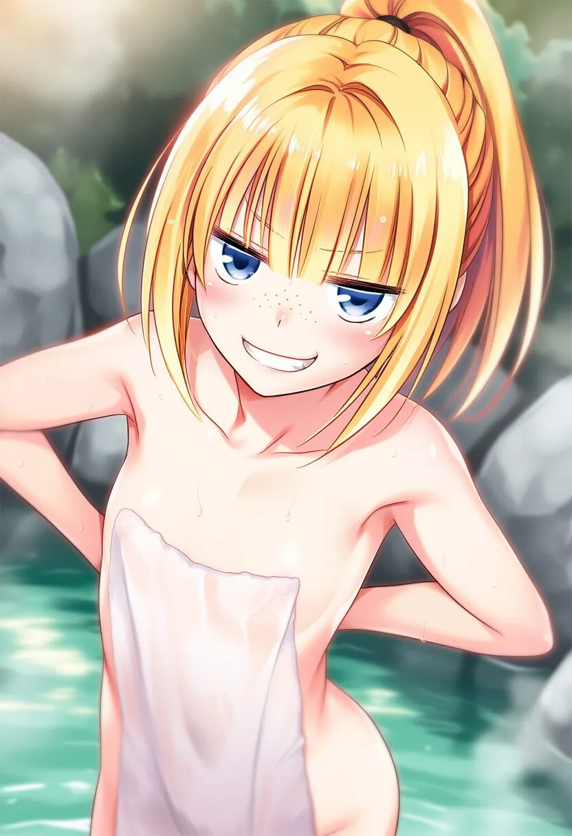 温泉にいる金髪ポニテ女子