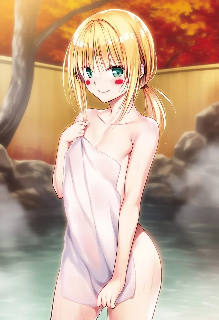 温泉に立っている金髪ポニテ女子