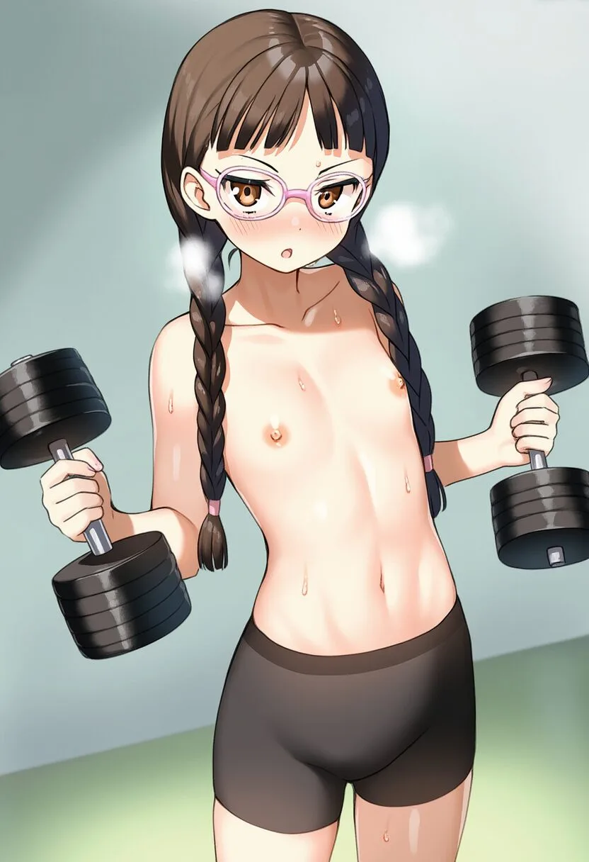 メガネおさげ女子はダンベルでトレーニング中