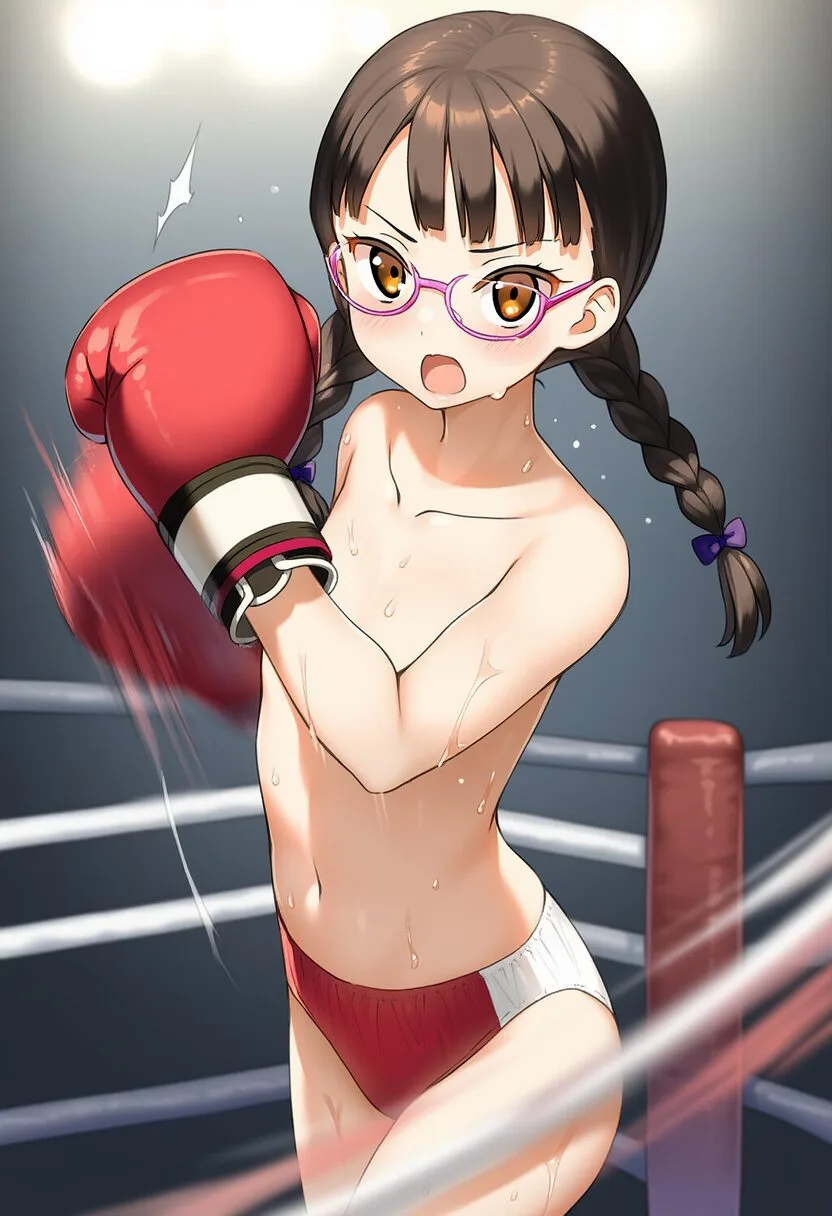 メガネおさげ女子はトップレスでボクシング。