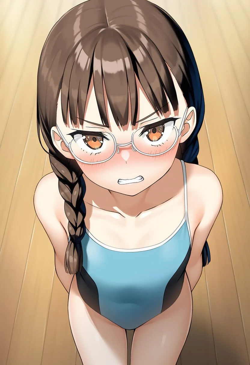 メガネおさげ女子は脱がされてちょっと怒ってる