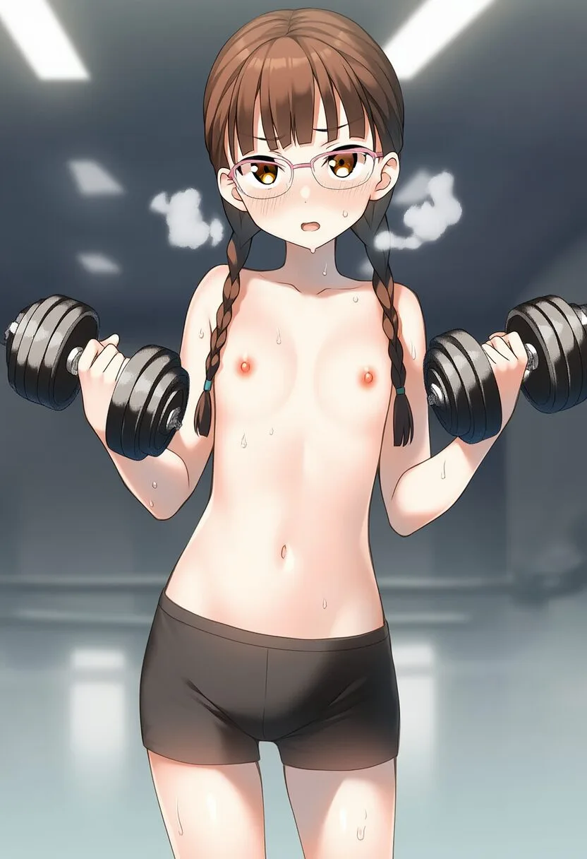 メガネおさげ女子はダンベルでトレーニング中