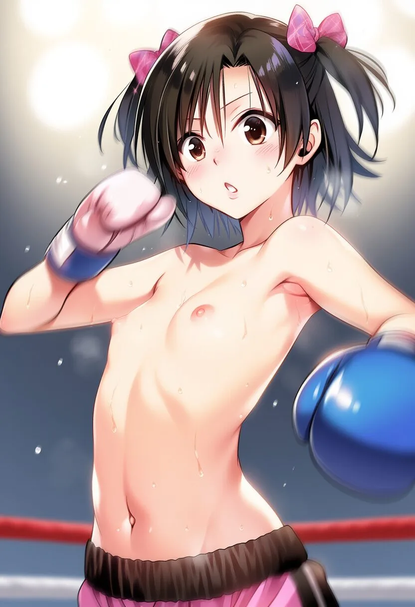 黒髪女子はトップレスでボクシング。