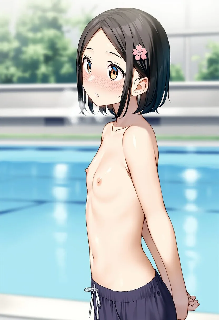 トップレスなぱっつん黒髪の女の子