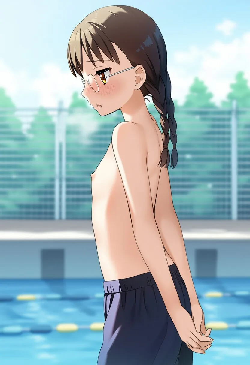 トップレスなメガネおさげ女子
