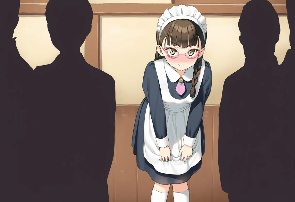 罰ゲームでパンツを脱いじゃって恥じらうメイド姿のメガネおさげ女子
