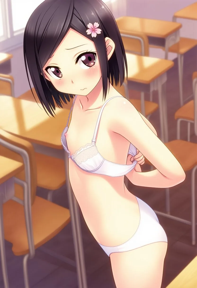 ぱっつん黒髪の女の子はブラを外しているところ