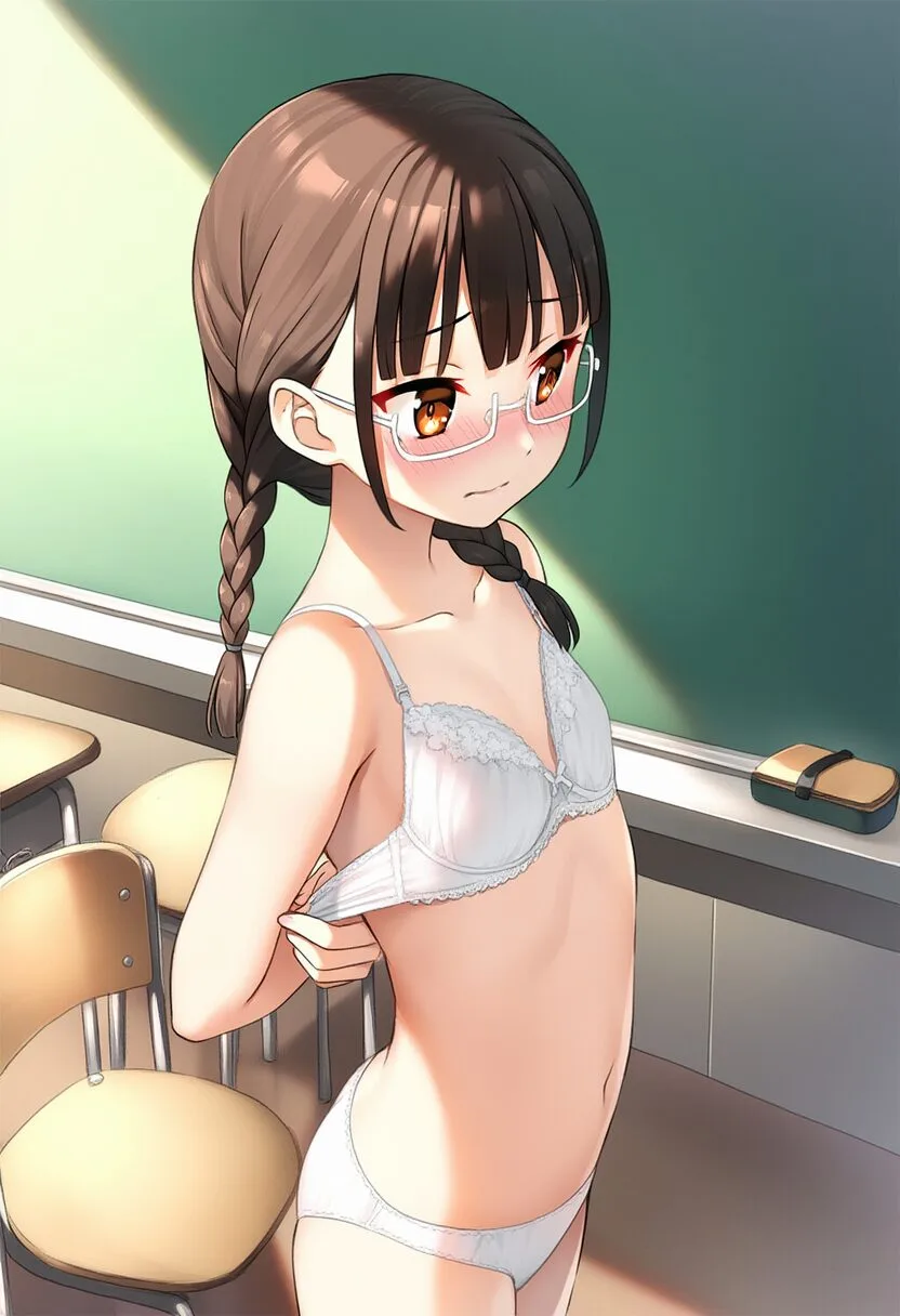 ブラからちょっと見えるメガネおさげ女子の乳首
