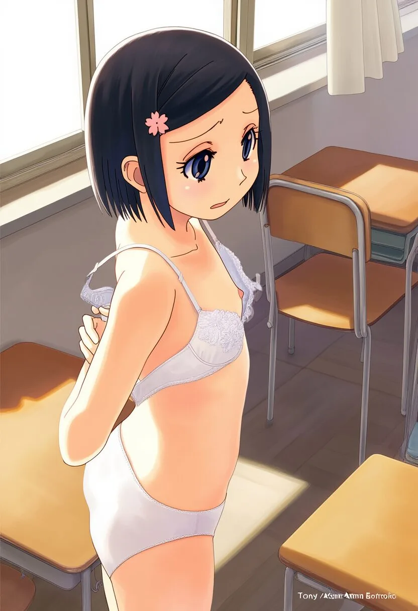 ブラからちょっと見えるショートヘアのぱっつん髪女子の乳首