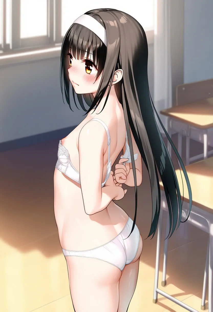 ブラからちょっと見えるヘアバンドをした女子の乳首