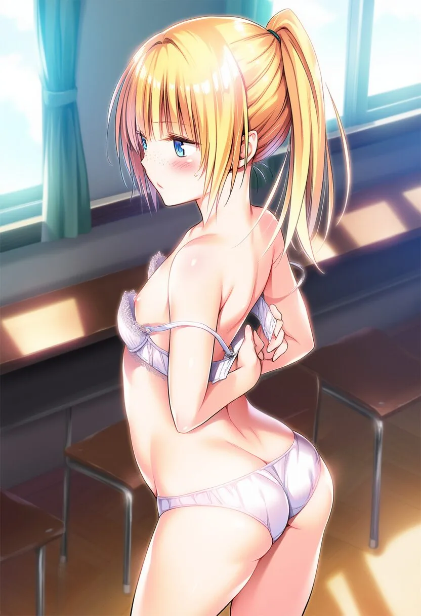 ブラからちょっと見える金髪ポニテ女子の乳首