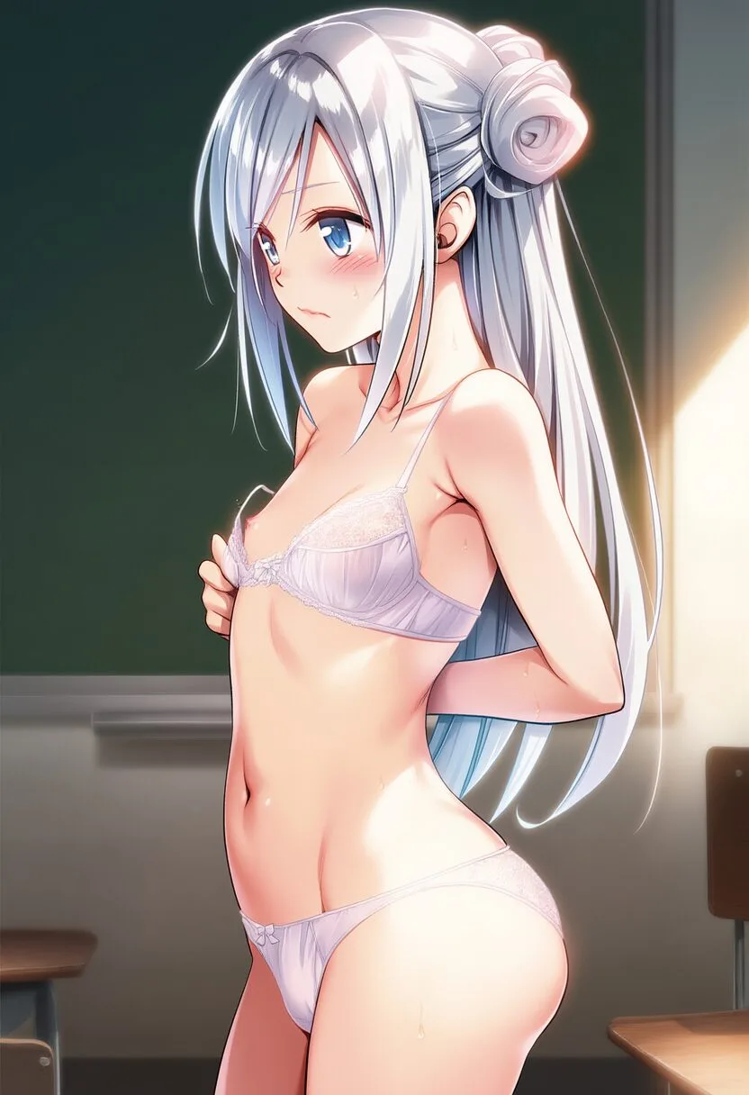 銀髪縦ロール女子はブラを外しているところ