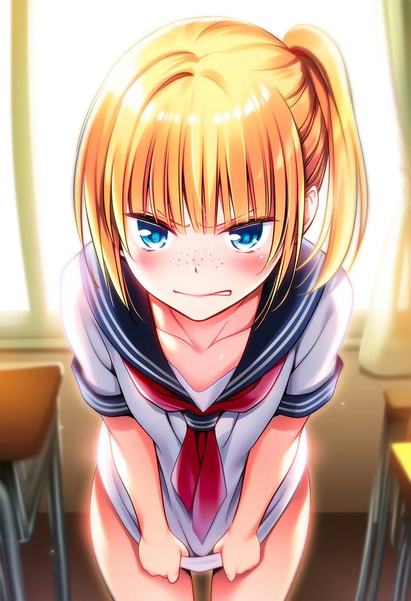 金髪ポニテ女子は見えそうで、見えない。