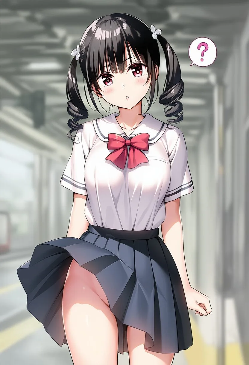 スカート捲れ上がるツインテ女子