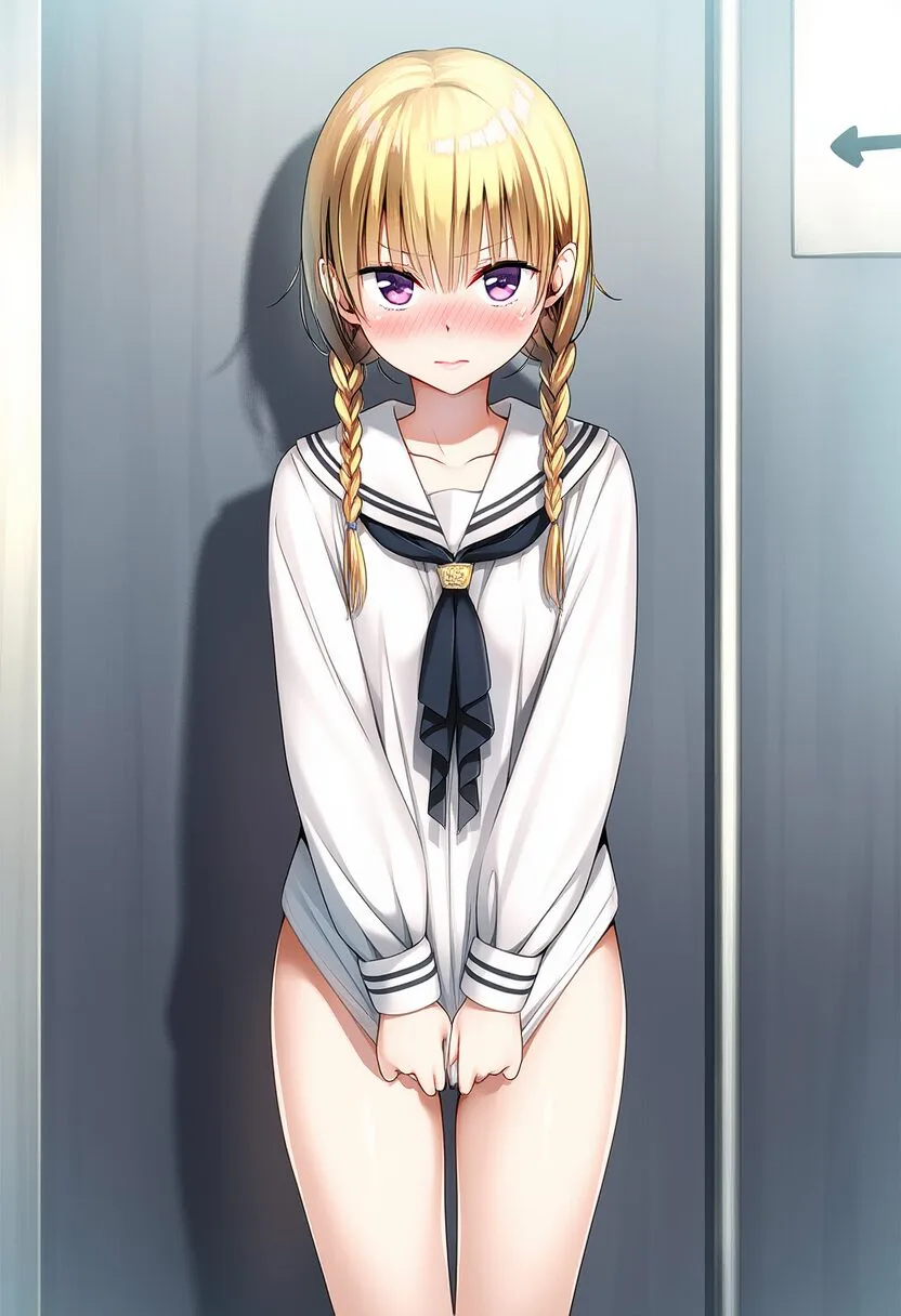 金髪ロングガールはやらかして廊下にボトムレスで立たされる