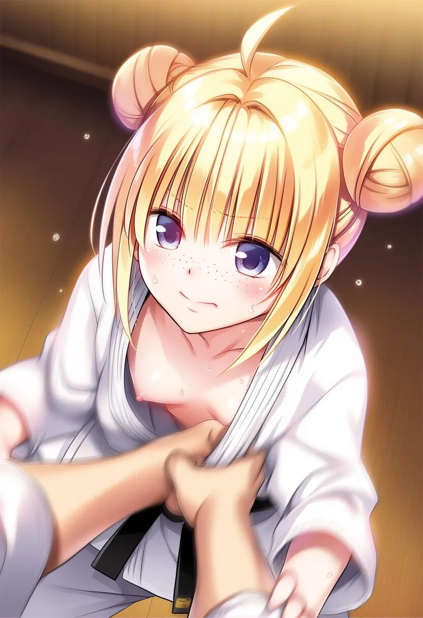 金髪ツインテール女子と柔道中におっぱいチラリ